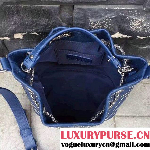 Chanel Calfskin Studded Wars Drawstring Bag With Top Handle A93850 Blue 2017 (2A143-7051826 )