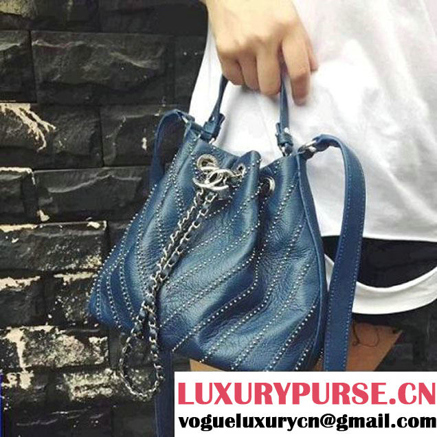 Chanel Calfskin Studded Wars Drawstring Bag With Top Handle A93850 Blue 2017 (2A143-7051826 )