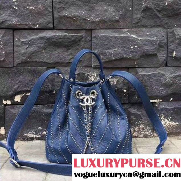 Chanel Calfskin Studded Wars Drawstring Bag With Top Handle A93850 Blue 2017 (2A143-7051826 )