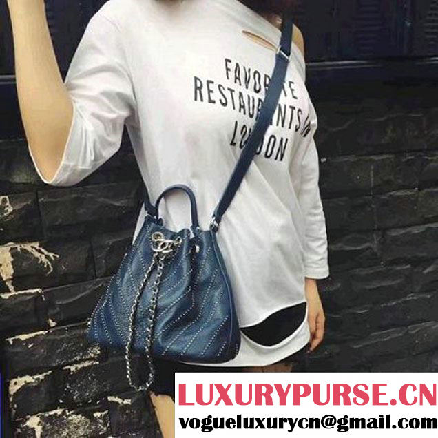Chanel Calfskin Studded Wars Drawstring Bag With Top Handle A93850 Blue 2017 (2A143-7051826 )
