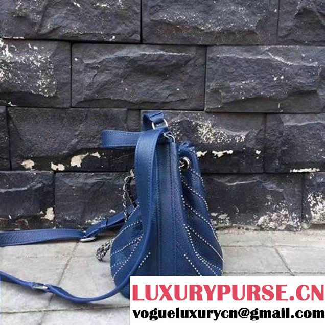 Chanel Calfskin Studded Wars Drawstring Bag With Top Handle A93850 Blue 2017 (2A143-7051826 )