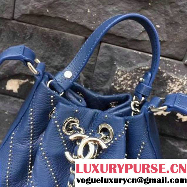 Chanel Calfskin Studded Wars Drawstring Bag With Top Handle A93850 Blue 2017 (2A143-7051826 )