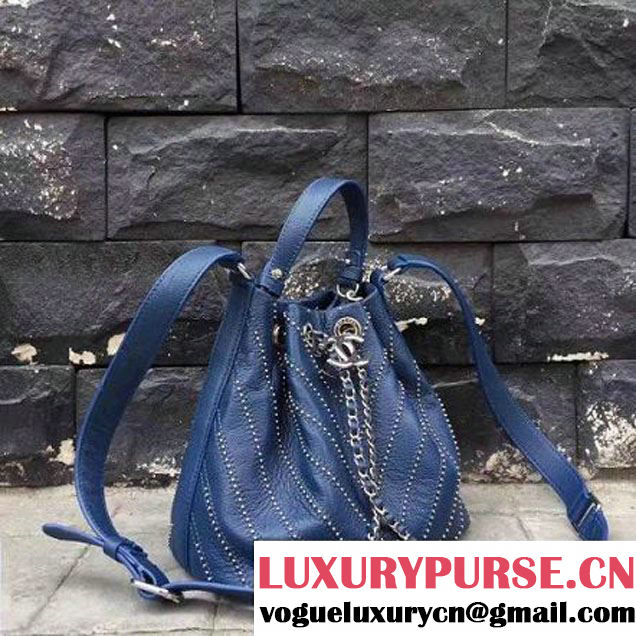 Chanel Calfskin Studded Wars Drawstring Bag With Top Handle A93850 Blue 2017 (2A143-7051826 )