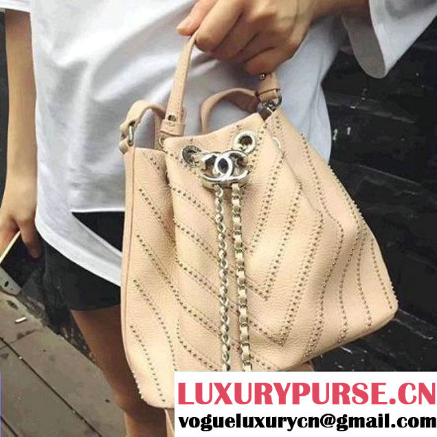 Chanel Calfskin Studded Wars Drawstring Bag With Top Handle A93850 Beige 2017 (2A143-7051827 )