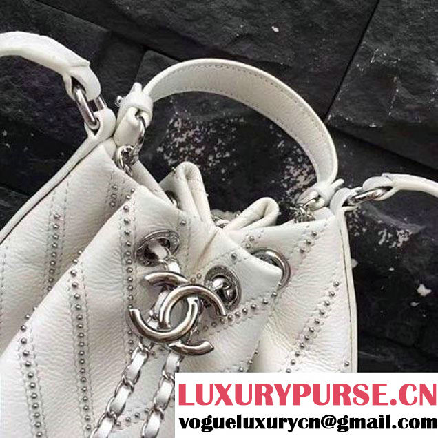 Chanel Calfskin Studded Wars Drawstring Bag With Top Handle A93850 White 2017 (2A143-7051828 )