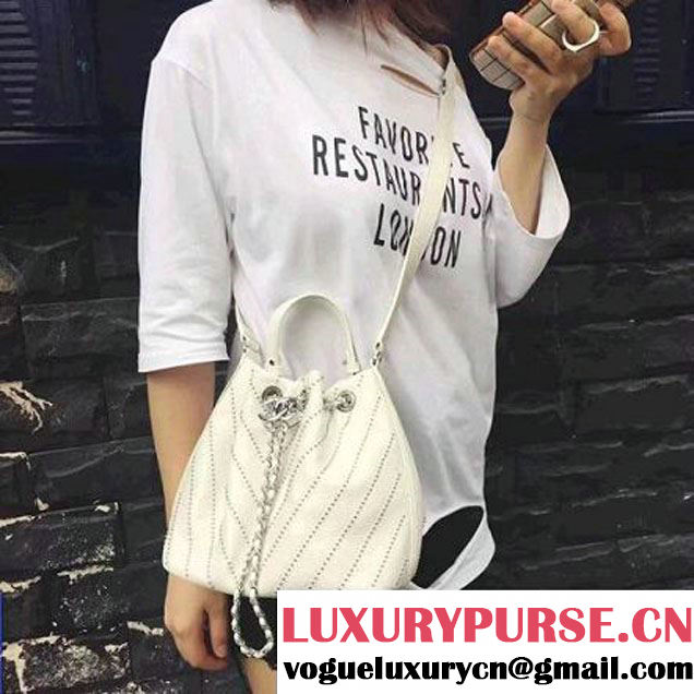 Chanel Calfskin Studded Wars Drawstring Bag With Top Handle A93850 White 2017 (2A143-7051828 )