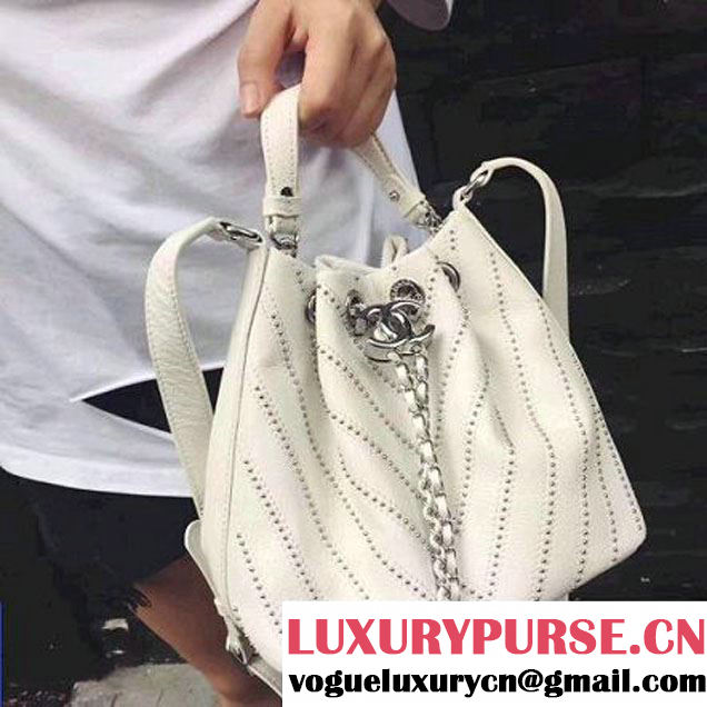 Chanel Calfskin Studded Wars Drawstring Bag With Top Handle A93850 White 2017 (2A143-7051828 )