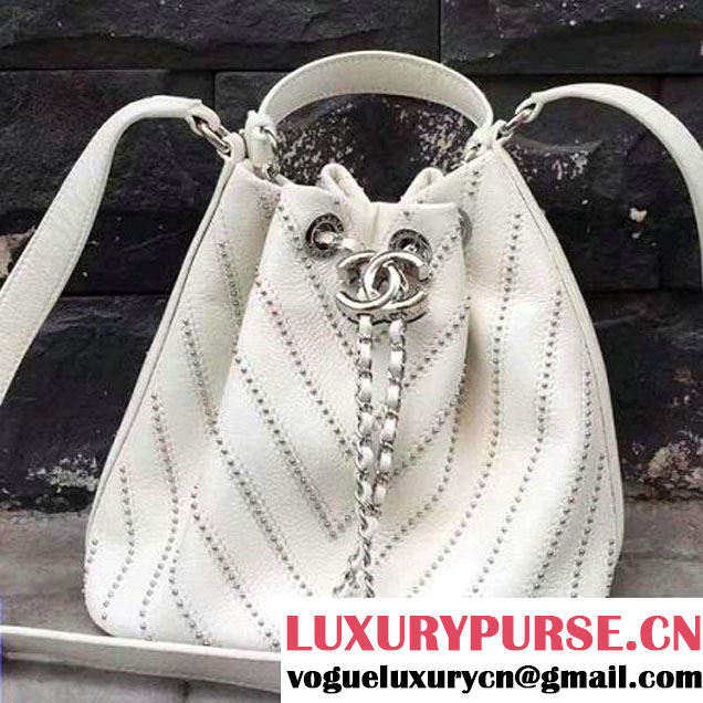 Chanel Calfskin Studded Wars Drawstring Bag With Top Handle A93850 White 2017 (2A143-7051828 )