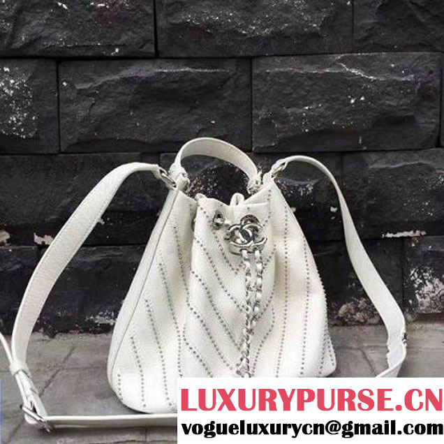Chanel Calfskin Studded Wars Drawstring Bag With Top Handle A93850 White 2017 (2A143-7051828 )