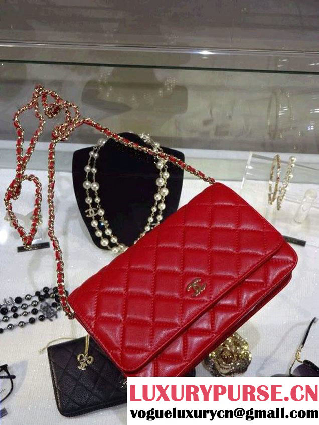 Chanel Wallet On Chain WOC Bag A33814 in Lambskin Leather Red with Golden Hardware