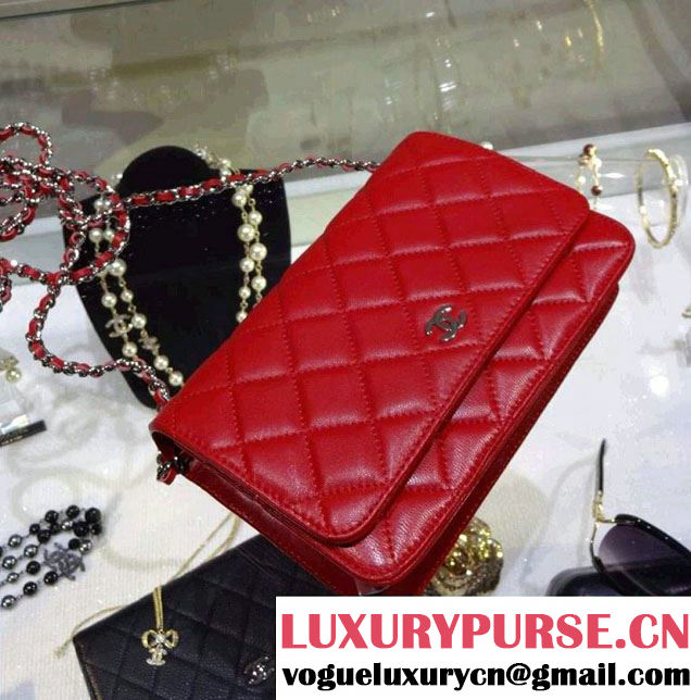 Chanel Wallet On Chain WOC Bag A33814 in Lambskin Leather Red with Silver Hardware