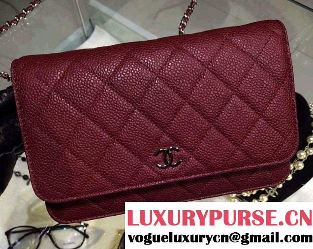 Chanel Wallet On Chain WOC Bag A33814 in Caviar Leather Burgundy with Silver Hardware