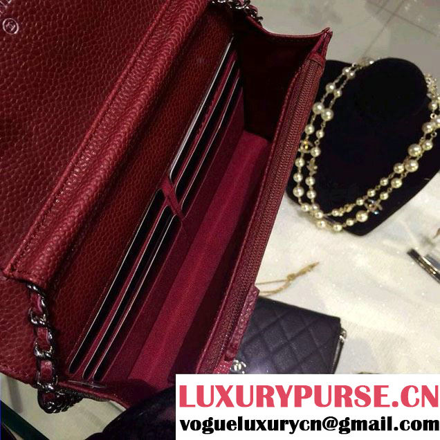 Chanel Wallet On Chain WOC Bag A33814 in Caviar Leather Burgundy with Silver Hardware