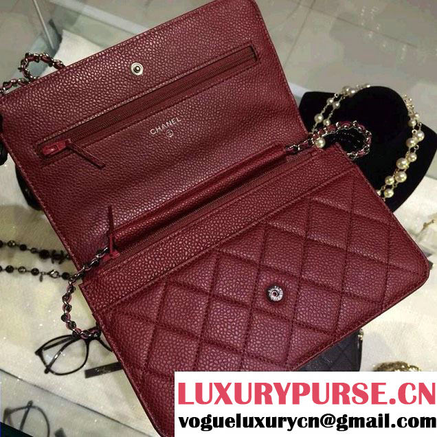 Chanel Wallet On Chain WOC Bag A33814 in Caviar Leather Burgundy with Silver Hardware