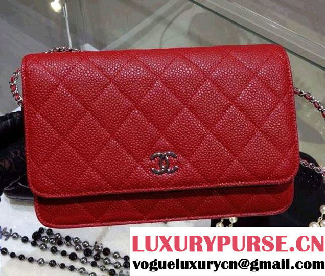 Chanel Wallet On Chain WOC Bag A33814 in Caviar Leather Red with Silver Hardware