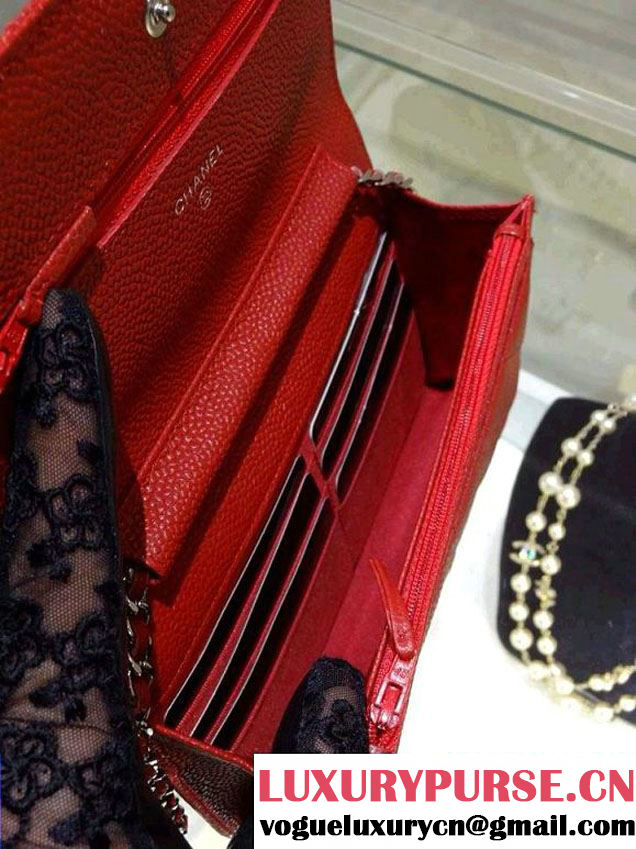 Chanel Wallet On Chain WOC Bag A33814 in Caviar Leather Red with Silver Hardware