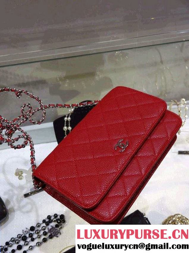 Chanel Wallet On Chain WOC Bag A33814 in Caviar Leather Red with Silver Hardware