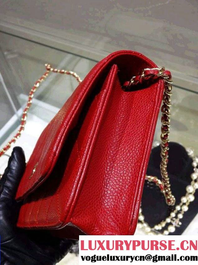 Chanel Wallet On Chain WOC Bag A33814 in Caviar Leather Red with Golden Hardware