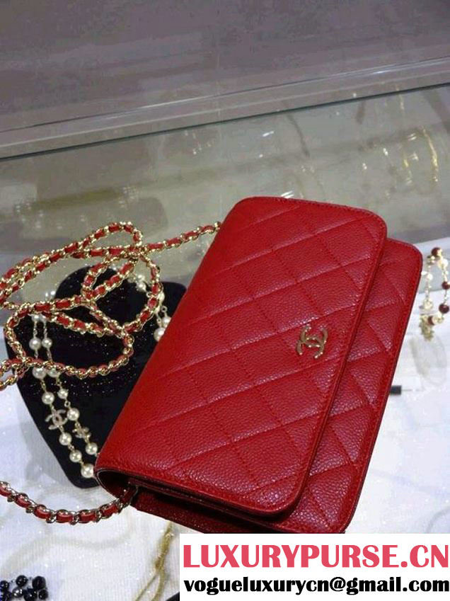 Chanel Wallet On Chain WOC Bag A33814 in Caviar Leather Red with Golden Hardware