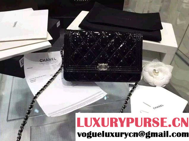 Chanel Boy Patent Calfskin Wallet On Chain WOC Bag Black 2015
