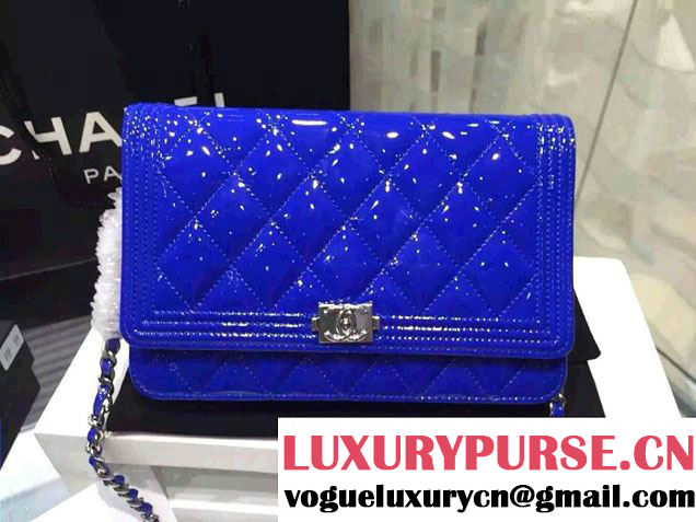 Chanel Boy Patent Calfskin Wallet On Chain WOC Bag Blue 2015