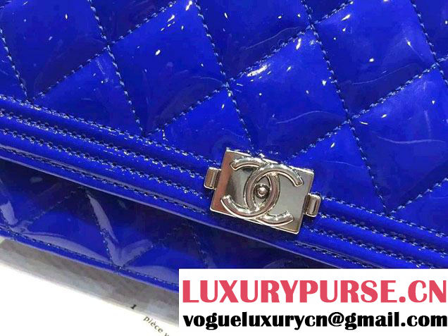 Chanel Boy Patent Calfskin Wallet On Chain WOC Bag Blue 2015