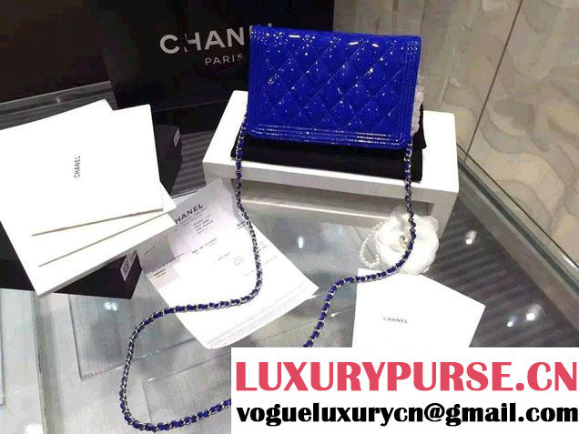 Chanel Boy Patent Calfskin Wallet On Chain WOC Bag Blue 2015
