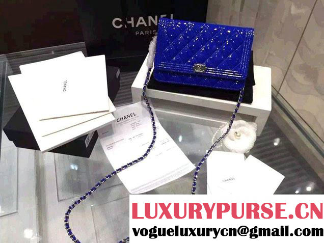 Chanel Boy Patent Calfskin Wallet On Chain WOC Bag Blue 2015