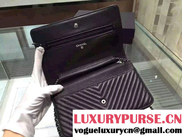 Chanel Boy Metallic Calfskin Chevron Wallet On Chain WOC Bag Black 2015