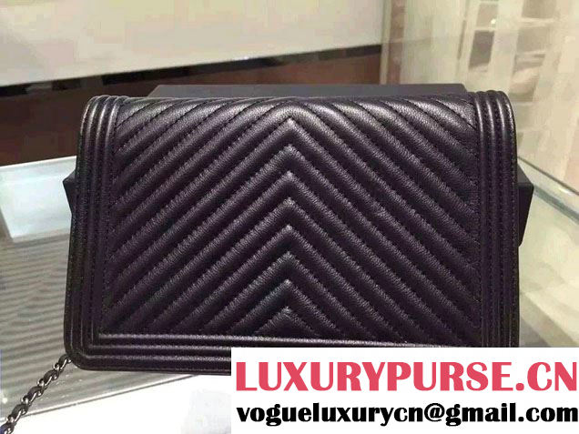 Chanel Boy Metallic Calfskin Chevron Wallet On Chain WOC Bag Black 2015