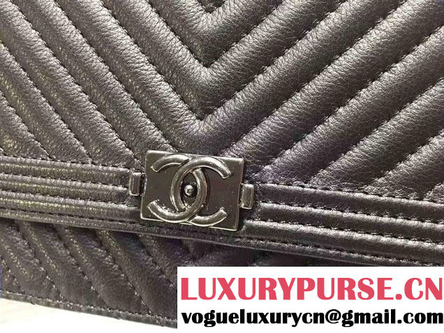 Chanel Boy Metallic Calfskin Chevron Wallet On Chain WOC Bag Black 2015