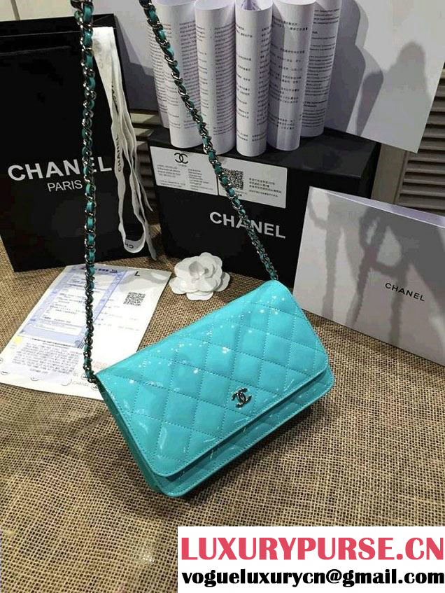 Chanel Wallet On Chain WOC Bag A33814 in Patent Leather Turquoise 02