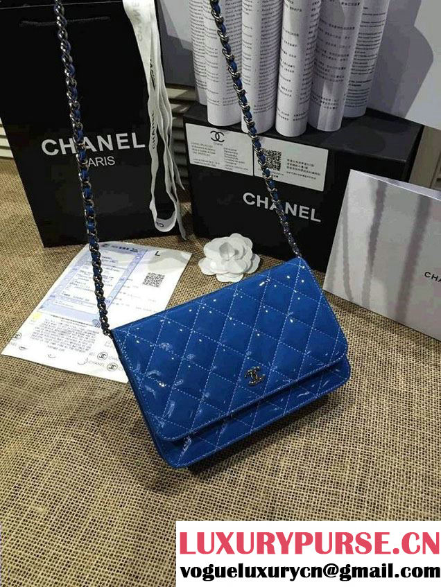 Chanel Wallet On Chain WOC Bag A33814 in Patent Leather Blue 01