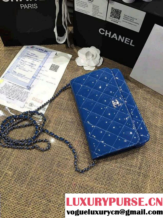 Chanel Wallet On Chain WOC Bag A33814 in Patent Leather Blue 01