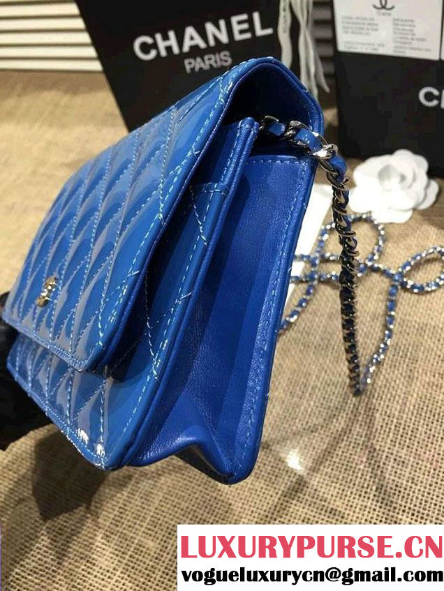 Chanel Wallet On Chain WOC Bag A33814 in Patent Leather Blue 01