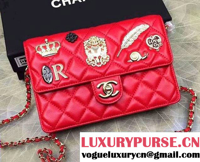 Chanel Lucky Charms Crown Badges Wallet On Chain WOC Bag Red 2016