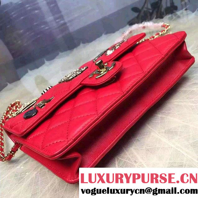 Chanel Lucky Charms Crown Badges Wallet On Chain WOC Bag Red 2016