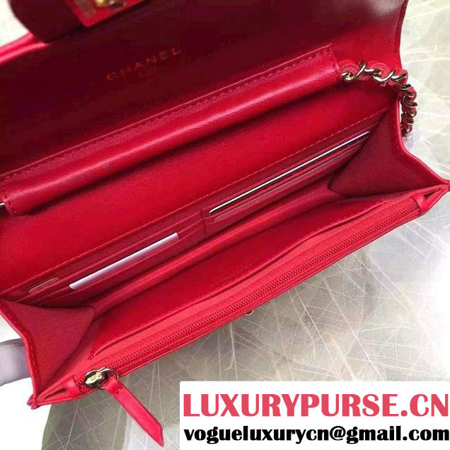 Chanel Lucky Charms Crown Badges Wallet On Chain WOC Bag Red 2016