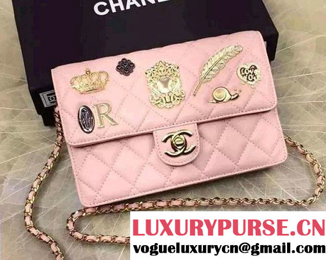 Chanel Lucky Charms Crown Badges Wallet On Chain WOC Bag Pink 2016