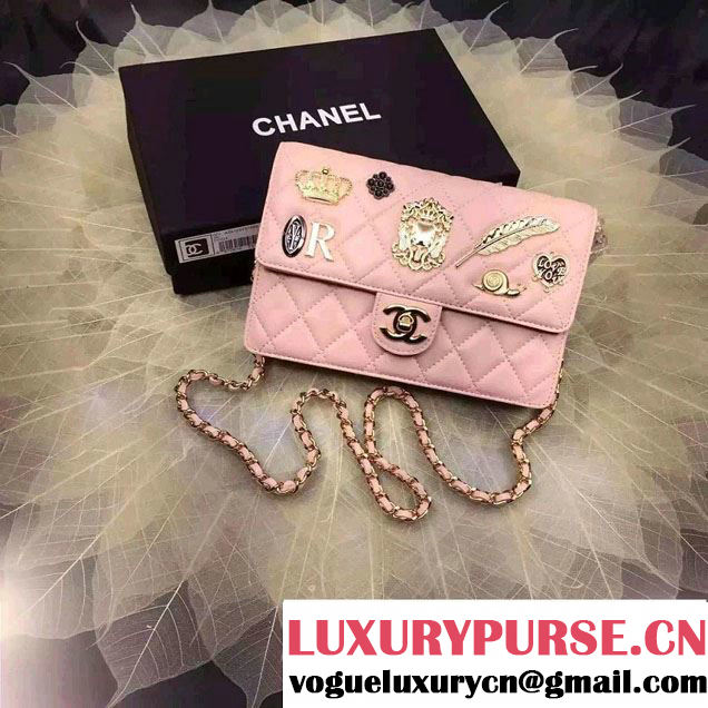 Chanel Lucky Charms Crown Badges Wallet On Chain WOC Bag Pink 2016