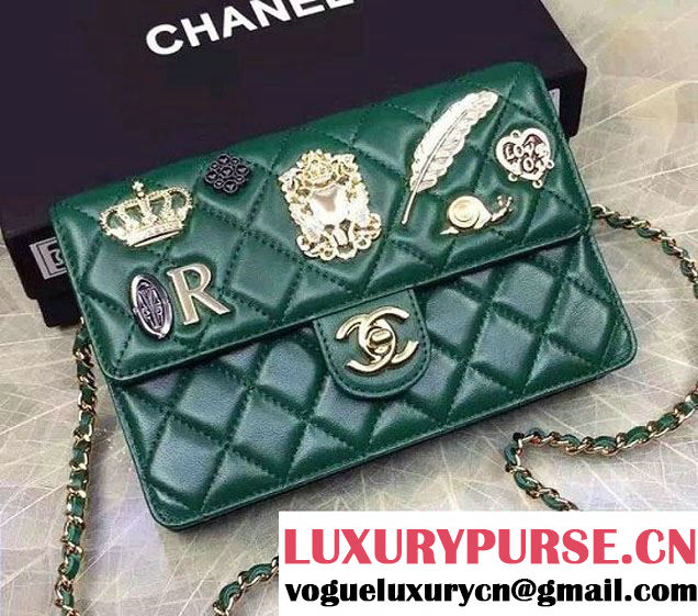 Chanel Lucky Charms Crown Badges Wallet On Chain WOC Bag Green 2016