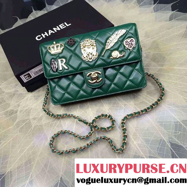 Chanel Lucky Charms Crown Badges Wallet On Chain WOC Bag Green 2016