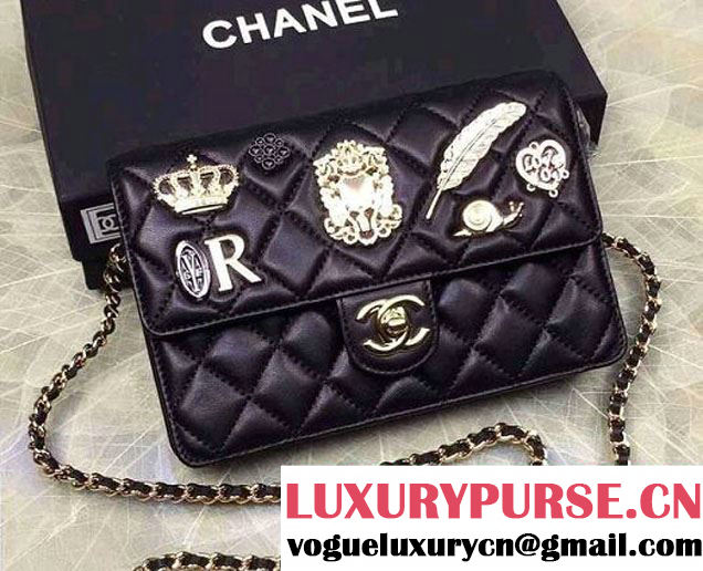 Chanel Lucky Charms Crown Badges Wallet On Chain WOC Bag Black 2016