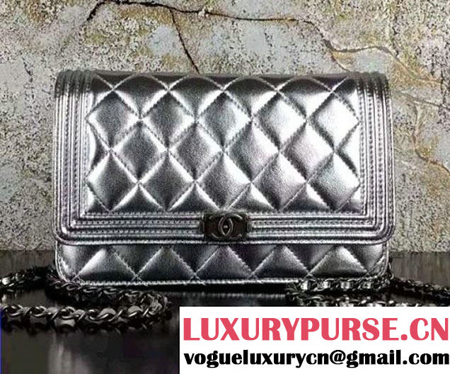 Chanel Boy Wallet On Chain WOC Bag in Lambskin Leather Silver