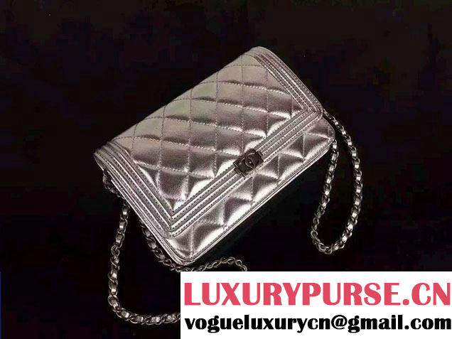 Chanel Boy Wallet On Chain WOC Bag in Lambskin Leather Silver