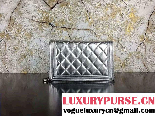 Chanel Boy Wallet On Chain WOC Bag in Lambskin Leather Silver