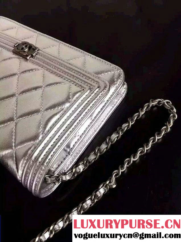 Chanel Boy Wallet On Chain WOC Bag in Lambskin Leather Silver