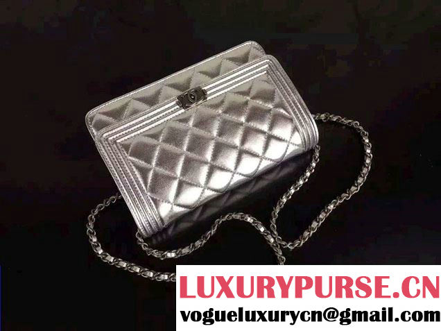 Chanel Boy Wallet On Chain WOC Bag in Lambskin Leather Silver