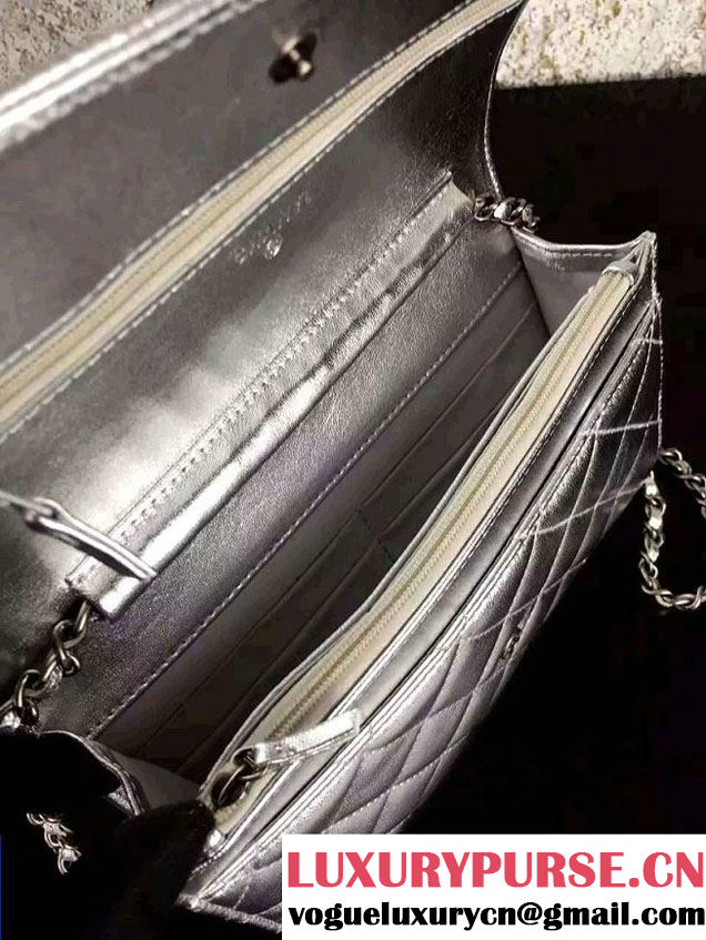 Chanel Boy Wallet On Chain WOC Bag in Lambskin Leather Silver