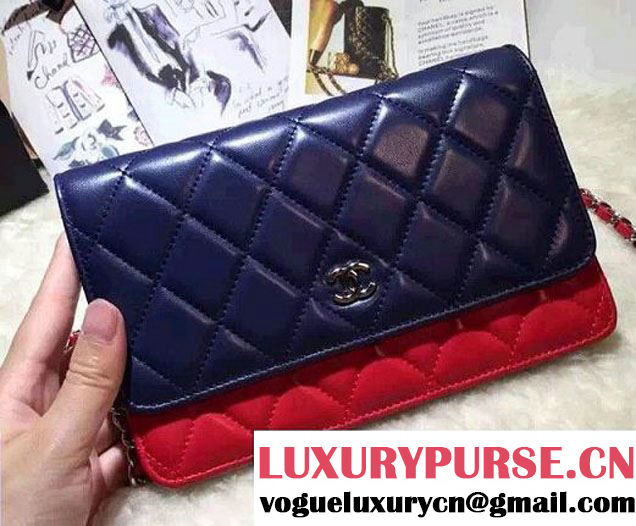 Chanel Lambskin Leather Tri-color Wallet On Chain WOC Bag Navy/Red/Sky Blue 2016